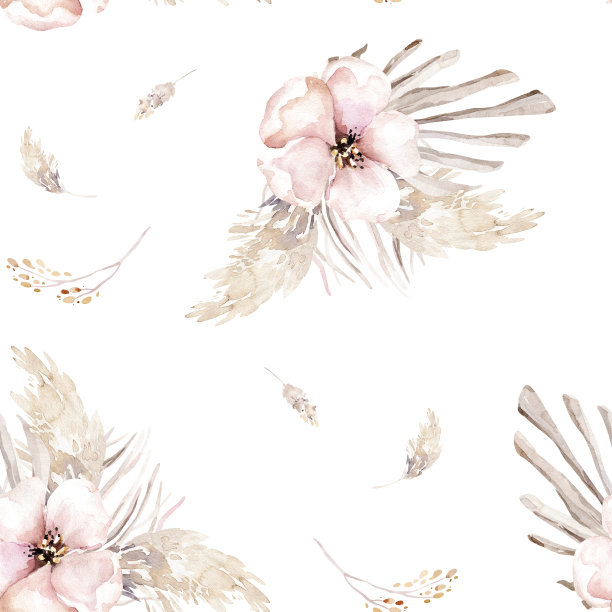 水彩波西米亚无缝图案与手绘热带干棕榈叶，潘帕斯树枝和樱花。浪漫的花卉波西米亚背景的婚礼邀请，时尚的织物纺织品图片下载