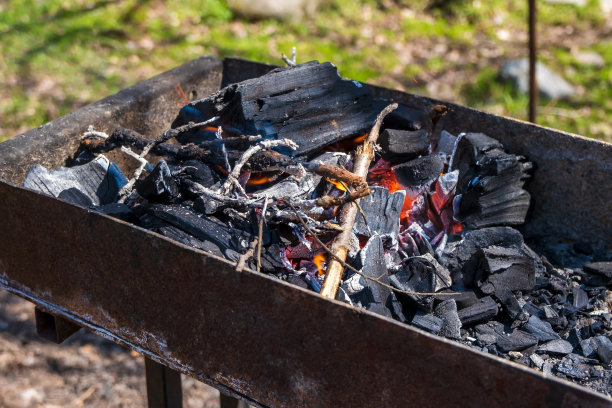 准备烧烤，在煤和火焰上烧烤肉。高质量的特写照片。图片下载