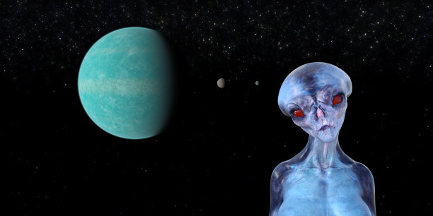 一个外星人的插图，有着大大的红眼睛和蓝色的皮肤，背景是一颗行星和两个卫星。图片下载