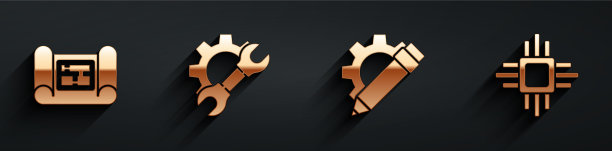 设置房屋平面图扳手、扳手和齿轮铅笔图片下载