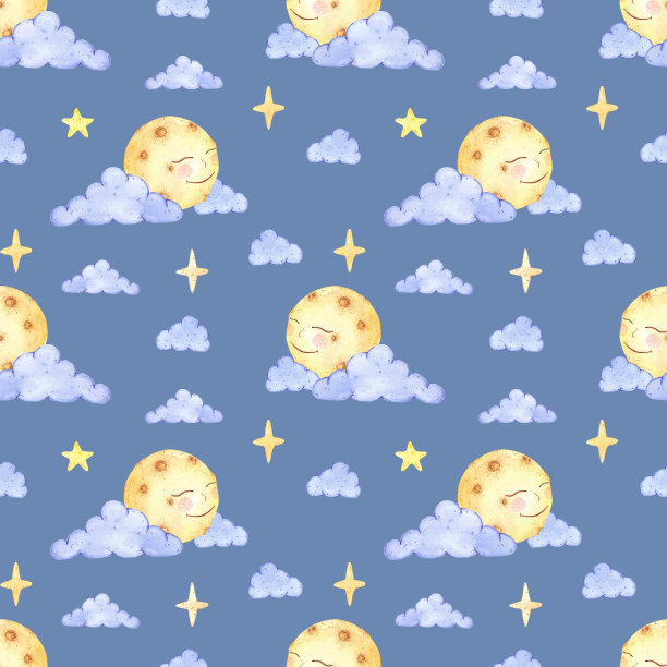 手绘水彩蓝云与微笑的月亮无缝图案。孤立的蓝色背景。可用于儿童纺织品、礼品包装、织物、墙纸等。图片下载