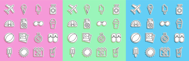 设置线鸡尾酒和酒精饮料人字拖图片下载