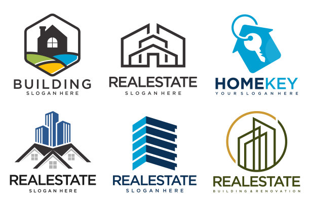 房地产标志，房屋标志和建筑标志图标集。设计模板矢量插图图片下载