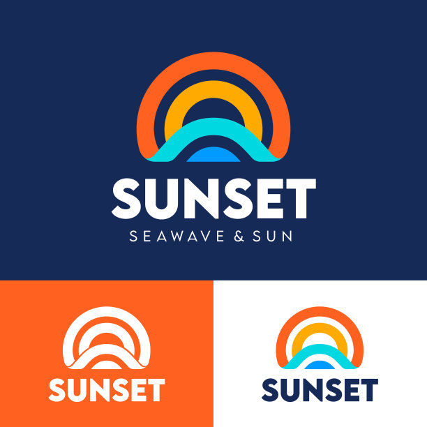 日落图标由彩色条组成。太阳和海浪标志。的身份。旅游或旅游标志。图片下载