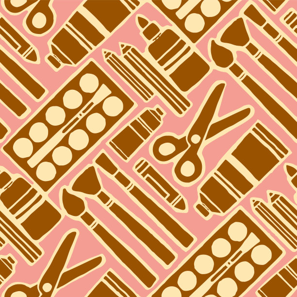 文具学校工具无缝重复图案，艺术教育壁纸线条图标的铅笔，钢笔，画笔，调色板，剪刀，画家供应矢量插图图片下载