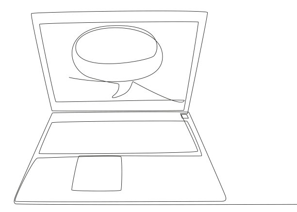 用笔记本电脑连续打出一行语音泡泡。细线插图矢量概念。轮廓画创意。图片下载