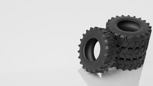 一堆拖拉机轮胎在白色背景上的三维渲染与复制空间。图片下载