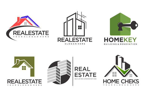 房地产标志，房屋标志和建筑标志图标集。设计模板矢量插图图片下载