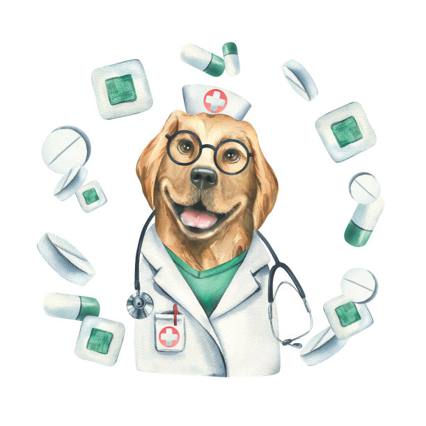 狗医生戴着眼镜，戴着听诊器，穿着带着胶布和药片的医疗服。水彩插图，手绘。白色背景上孤立的构图。诊所，医院图片下载