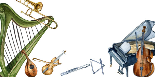 板竖琴，小提琴，大钢琴和违禁品水彩插图隔离图片下载