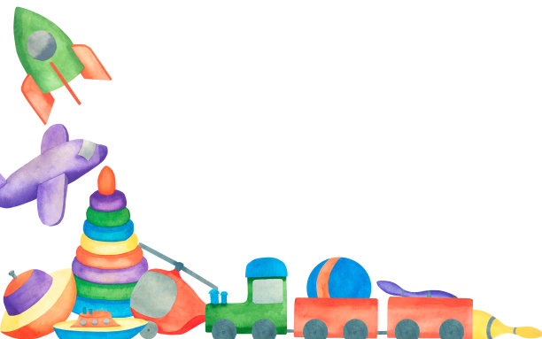 孩子们的玩具。水彩插图金字塔，旋转的顶部，直升机，船，立方体，火车，球，火箭。儿童插图。布景是用水彩画的。白底横幅图片下载