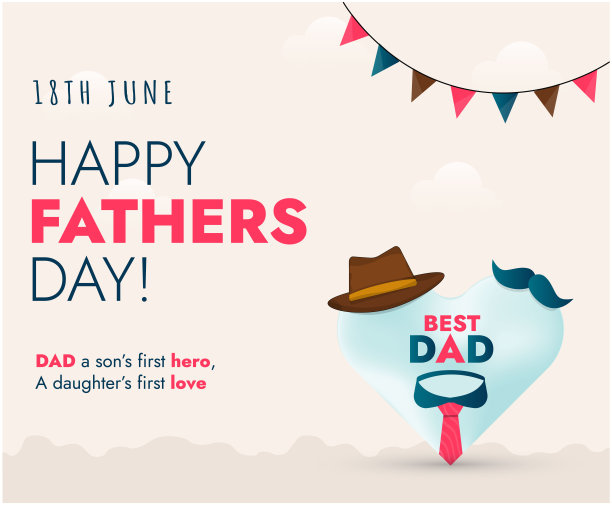 祝父亲节快乐。父亲节快乐海报，系着领带，戴着帽子，留着胡子。父亲节卡片设计。爸爸节快乐。父母的爱和关怀。6月18日庆祝活动。祝父亲节快乐。图片下载