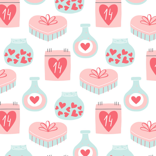 可爱的无缝图案情人节。心形图案，罐子，礼物。浪漫的打印。图片下载