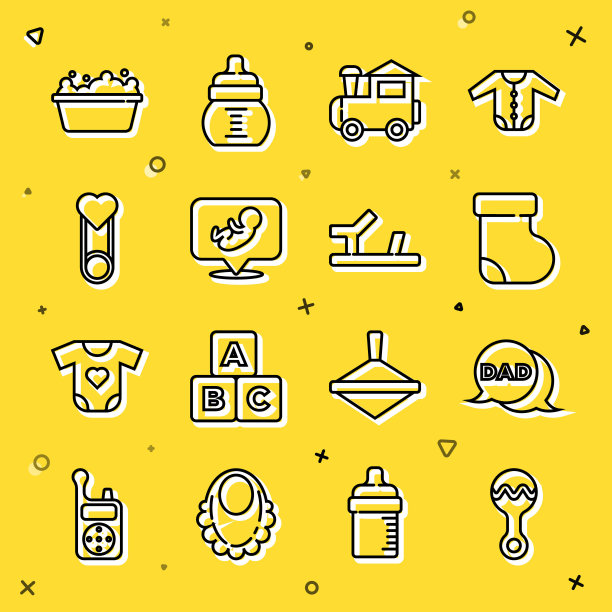 集线拨浪鼓婴儿玩具，言语泡沫爸爸，婴儿袜子衣服，玩具火车，别针，浴缸和鞋子图标。向量图片下载