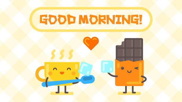 早上好。杯子和巧克力字符装方糖。有趣的角色图片下载