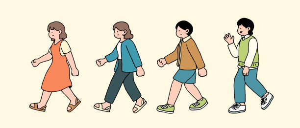 一幅插图展示了走在街上的人的性格。年轻的女孩和男人被描绘在侧面视图中，在白色背景上孤立地行走。图片下载