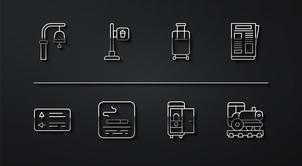 设置线路火车站钟，道路交通路标，新闻，厕所火车车厢，吸烟区，咖啡馆和餐厅的位置，老式机车和行李箱图标。向量图片下载