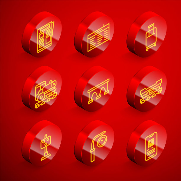 集线新闻，火车站板，手提箱，老式机车，火车桥，货车，交通灯和时钟图标。向量图片下载