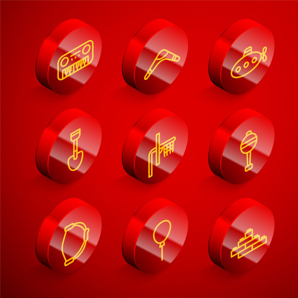 集线玩具钢琴，回旋镖，潜艇玩具，铲子，篮球背板，拨浪鼓婴儿，弓和气球与丝带图标。向量图片下载