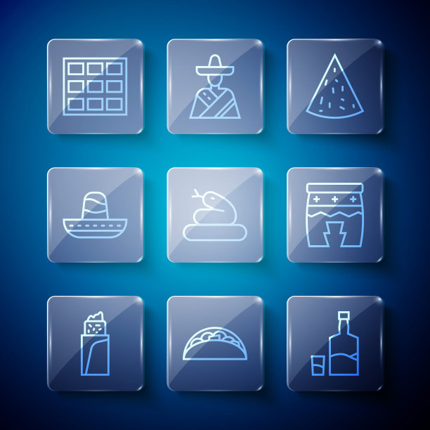 设置线墨西哥卷饼，墨西哥卷饼，龙舌兰酒瓶和玻璃，玉米片，蛇，墨西哥宽边帽，巧克力棒和Huehuetl图标。向量图片下载