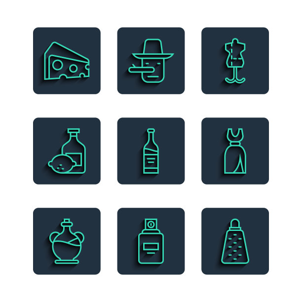 集线瓶橄榄油，香水，磨碎器，人体模型，葡萄酒，柠檬酒瓶，奶酪和女人的服装图标。向量图片下载