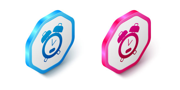 等距闹钟图标隔离在白色背景。起床，起床的概念。时间信号。六角按钮。向量图片下载