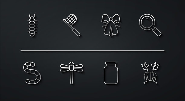 集线蜈蚣，蠕虫，放大镜，玻璃罐，蜻蜓，蝴蝶网，甲虫鹿和衣服蛾图标。向量图片下载