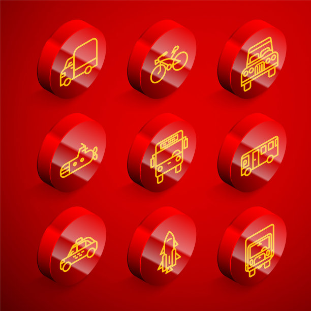 提供货运卡车，自行车，汽车，潜艇，公共汽车，出租车和火箭船与火的图标。向量图片下载