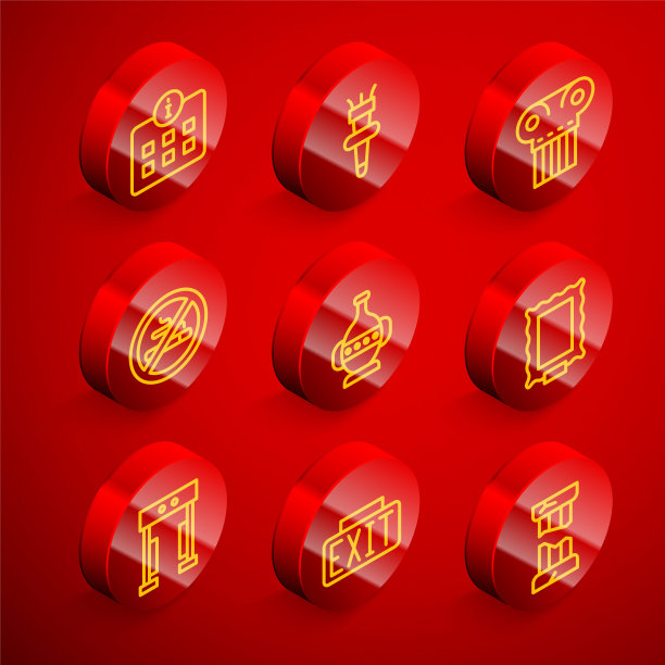 设置线路信息，火炬火焰，古柱，禁止吸烟，双耳罐，图片，金属探测器和出口标志图标。向量图片下载