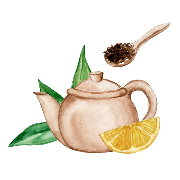 水彩茶壶柠檬设计。水彩铜水壶插图。复古厨具剪贴画。图片下载