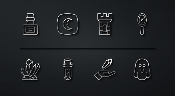 设置线瓶药水，魔法石，手镜，月亮星星，幽灵和城堡塔的图标。向量图片下载