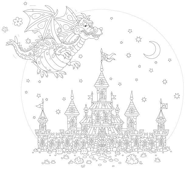 龙在童话般的城堡上空飞翔图片下载