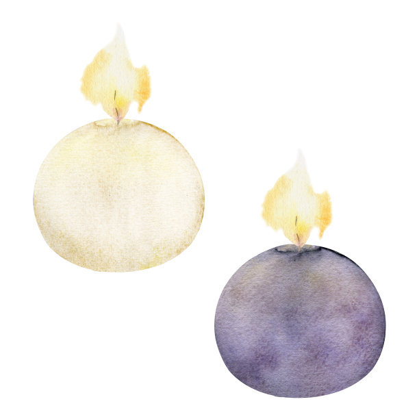 手绘水彩各色蜡烛点燃的火焰。祈愿，球，茶灯，柱子。白色背景上孤立的物体。设计养生度假，印刷，织物，封面，卡片，小册子。图片下载