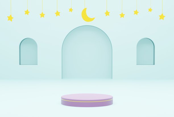3d平台与蓝色的天空背景星和新月金色，斋月，开斋节和伊斯兰教的概念。三维插图渲染图片下载