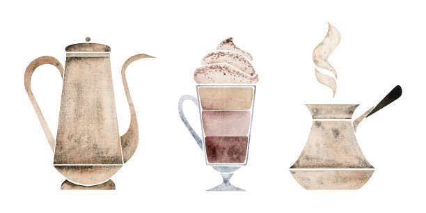 水彩手绘集的对象。拿铁咖啡杯加鲜奶油，铜壶和土耳其奶酪。隔离在白色背景的邀请，咖啡馆，餐厅食物菜单，打印，网站，卡片图片下载