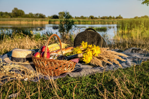 野餐篮和食物和苹果酒酒瓶附近的水图片下载