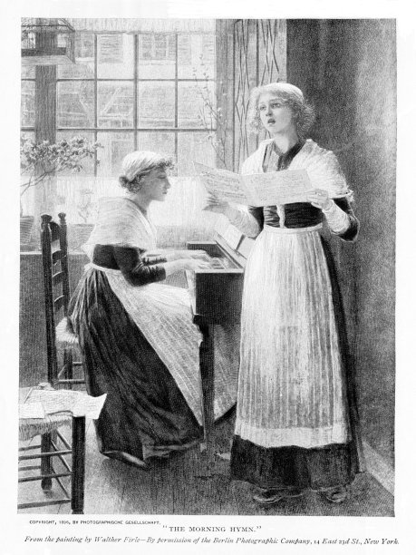 女人们在艺术家菲尔的《清晨赞美诗》中唱歌和弹钢琴图片下载