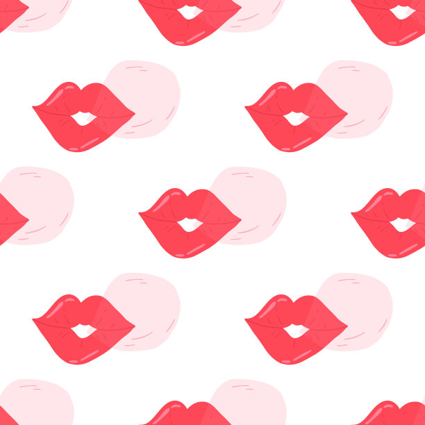 红唇吹泡泡糖，手绘无缝图案-平面矢量插图在白色背景。图片下载