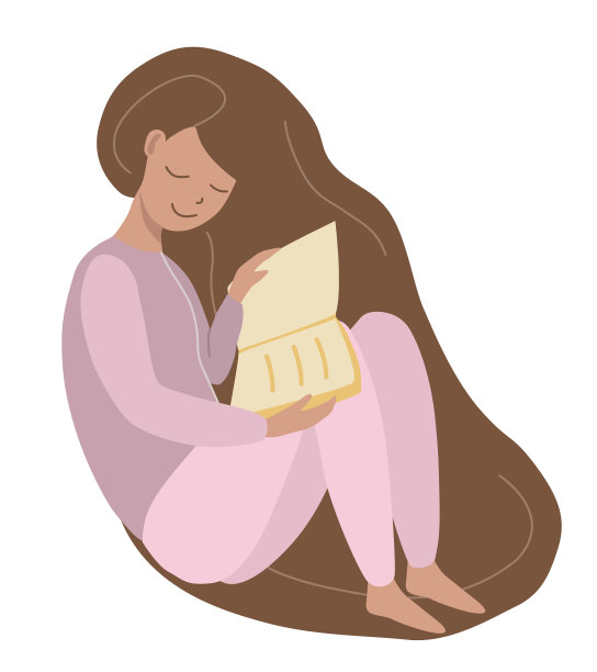一位年轻女子正在看书。女孩舒服地坐着，手里拿着一本书，读着诗歌或故事。休闲、个人护理、休息。图片下载
