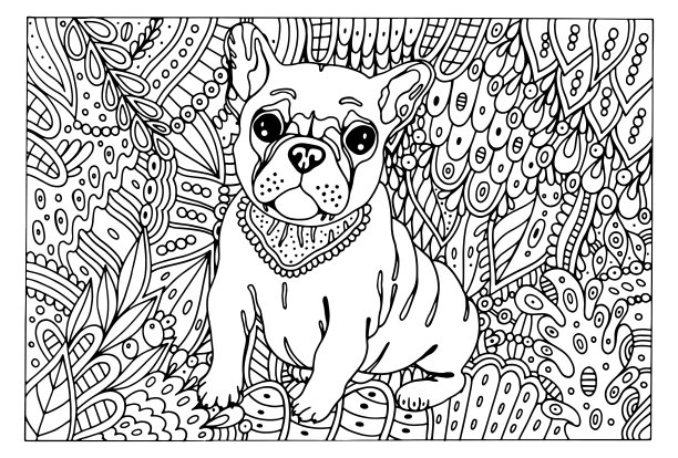 法国斗牛犬小狗成人着色页。轮廓插图与花和可爱的动物。黑白涂鸦艺术作品图片下载