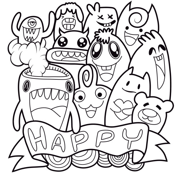 手绘插图，怪物涂鸦，手绘卡通怪物插图，卡通人群涂鸦手绘涂鸦风格。黑白条纹着色书。图片下载