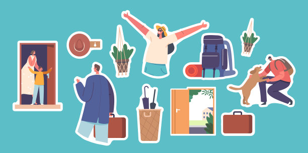 一组贴纸，人们回家快乐的女人图片下载