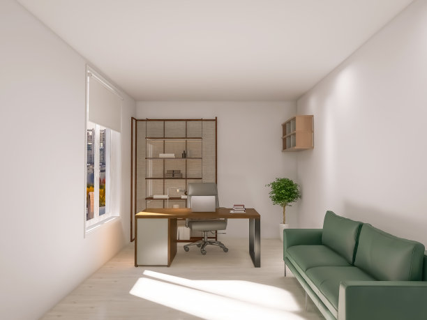 家庭办公室室内3d渲染，3d插图图片下载