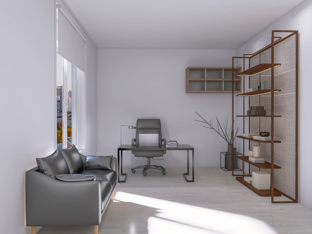 家庭办公室室内3d渲染，3d插图图片下载