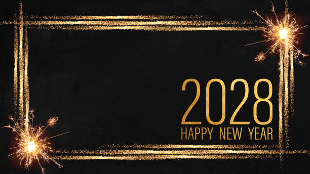 2028新年快乐节日贺卡横幅-金色的一年，闪闪发光的条纹闪耀的烟花在黑色的夜晚纹理背景图片下载