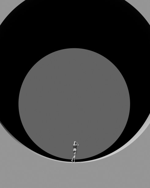 女性抽象未来主义大型隧道管洞艺术空间灰黑白梦幻般的美学图片下载