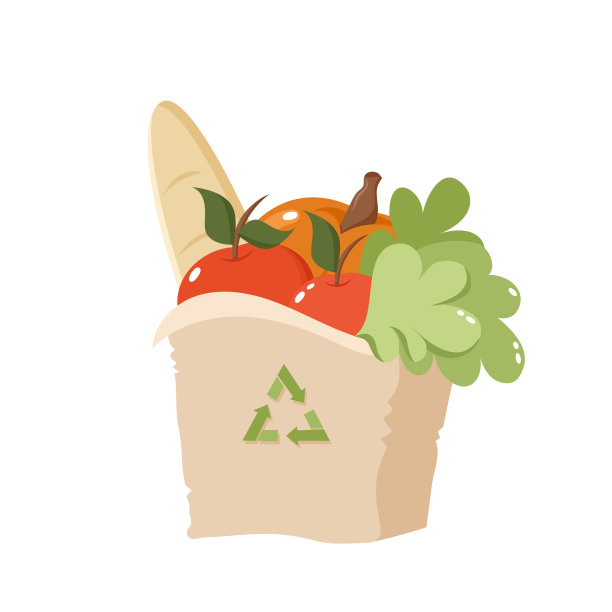 农场有机水果和蔬菜，法棍面包可重复使用的纸包装。苹果，南瓜，沙拉叶。环保购物。可持续发展和生态概念。卡通矢量插图。图片下载