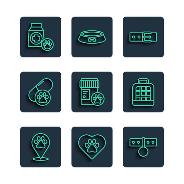 设置线位置兽医，心脏与动物足迹，项圈名牌，狗药瓶，药丸，食品袋和宠物手提箱图标。向量图片下载
