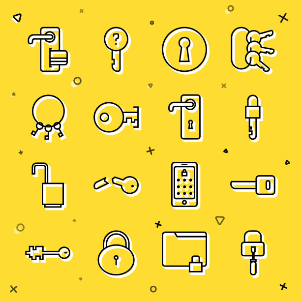 设置线锁采摘锁，钥匙，锁钥匙，锁孔，钥匙串，数字门和门把手图标。向量图片下载