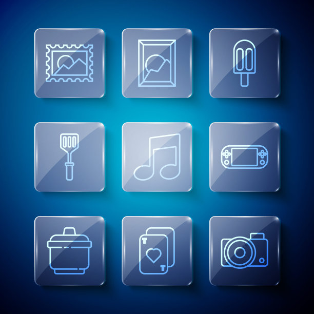 设置线锅，扑克牌，照相机，冰淇淋，音乐笔记，音调，抹刀，邮政邮票和便携式视频游戏机图标。向量图片下载